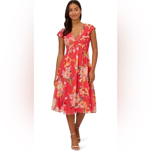 Adrianna Papell Dresses & Skirts - Adrianna Papell Coral Multi Floral Printed Front Twist Midi Chiffon Dress